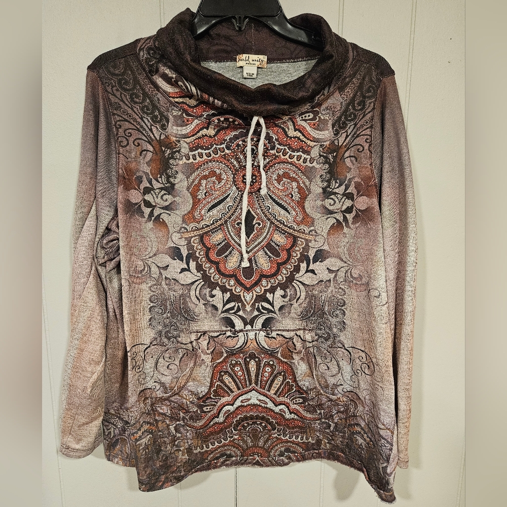 World Unity Womens 2X Ornate Print Funnel Neck Knit Pullover Studded Boho Artsy